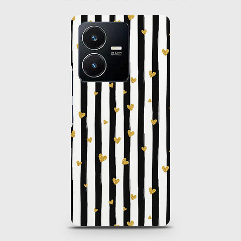 Vivo Y22s Cover - Trendy Black & White Lining With Golden Hearts Printed Hard Case with Life Time Colors Guarantee (Fast Delivery)