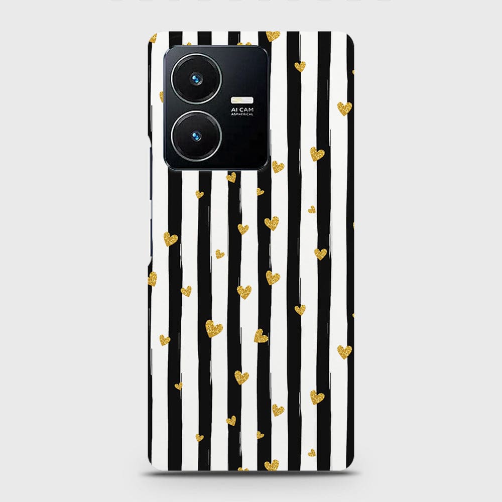 Vivo Y22 Cover - Trendy Black & White Lining With Golden Hearts Printed Hard Case with Life Time Colors Guarantee (Fast Delivery)