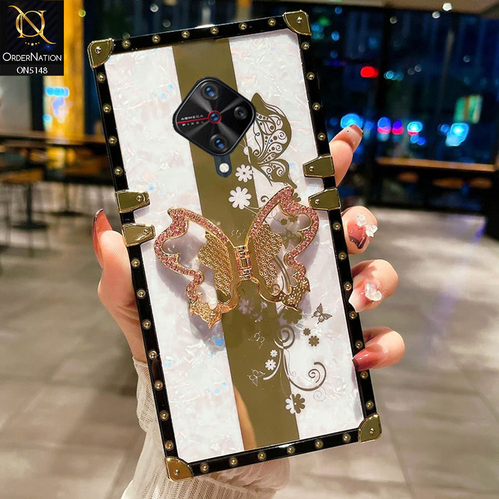 Vivo Y51 (2020 September) Cover - White -  Luxury Shiny Rhinestone Butterfly Electroplated Square Trunk Soft Case