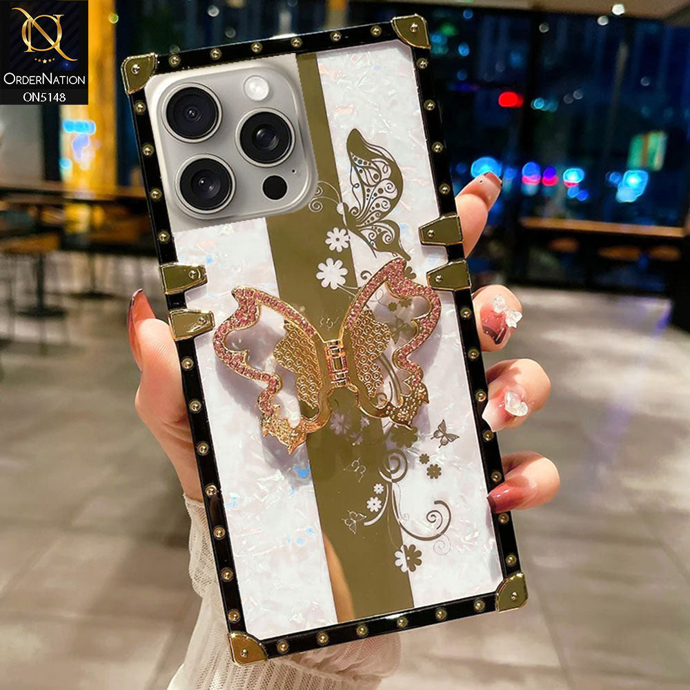 iPhone 15 Pro Cover - White -  Luxury Shiny Rhinestone Butterfly Electroplated Square Trunk Soft Case