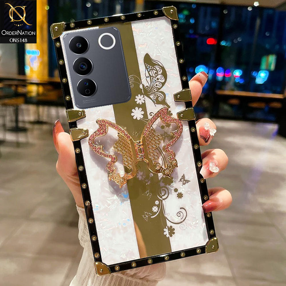 Vivo S16e Cover - White -  Luxury Shiny Rhinestone Butterfly Electroplated Square Trunk Soft Case