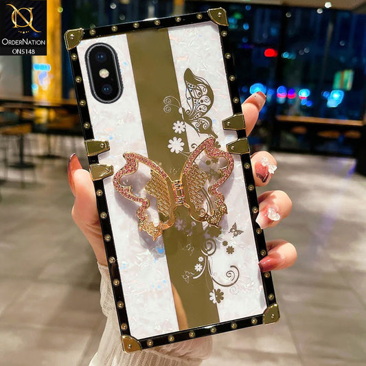 iPhone XS / X  Cover - White -  Luxury Shiny Rhinestone Butterfly Electroplated Square Trunk Soft Case