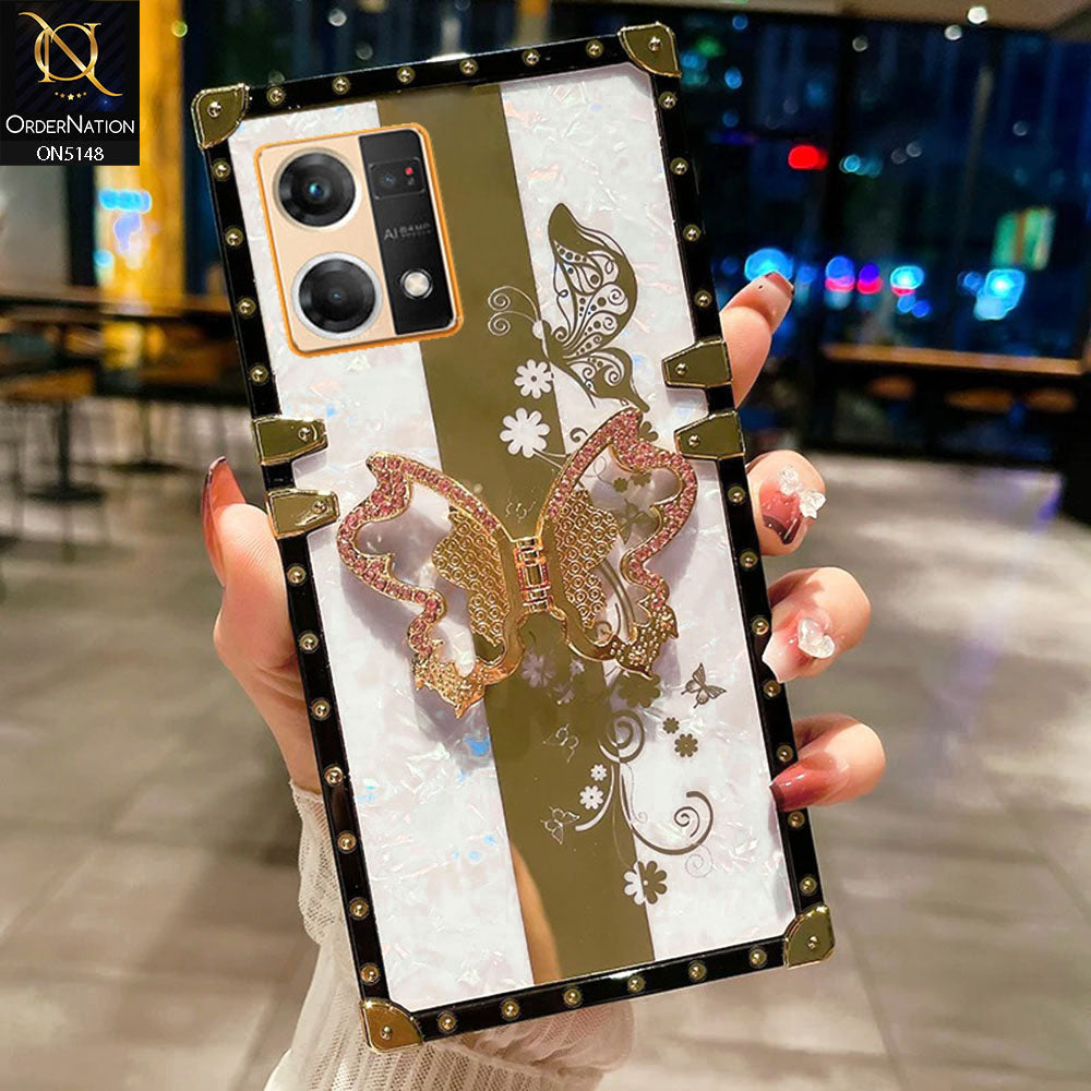 Oppo F21 Pro 4G Cover - White -  Luxury Shiny Rhinestone Butterfly Electroplated Square Trunk Soft Case