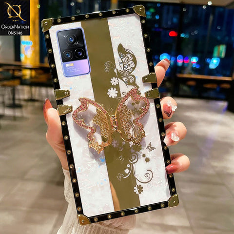 Vivo Y73 Cover - White -  Luxury Shiny Rhinestone Butterfly Electroplated Square Trunk Soft Case