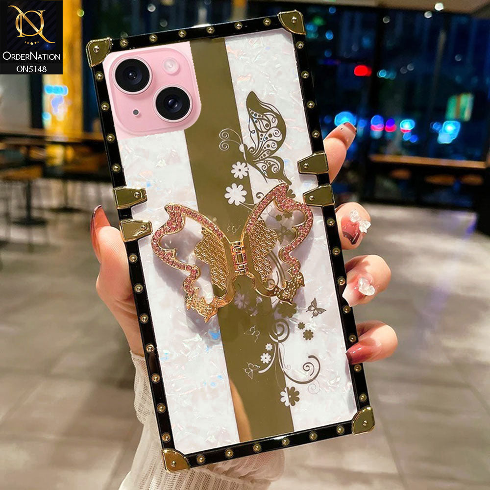 iPhone 14 Cover - White -  Luxury Shiny Rhinestone Butterfly Electroplated Square Trunk Soft Case