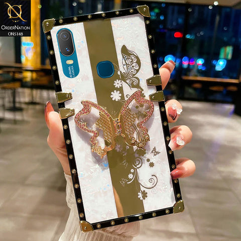 Vivo Y11 (2019) Cover - White -  Luxury Shiny Rhinestone Butterfly Electroplated Square Trunk Soft Case