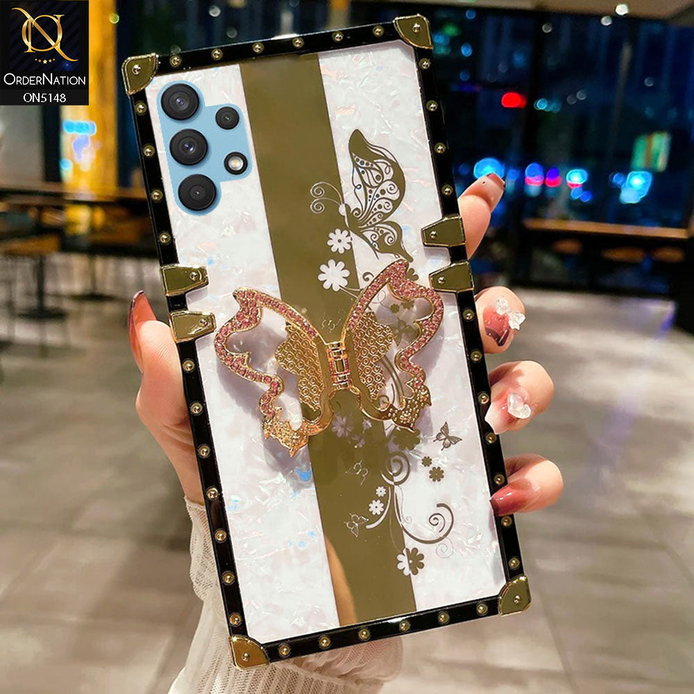 Samsung Galaxy A32 Cover - White -  Luxury Shiny Rhinestone Butterfly Electroplated Square Trunk Soft Case