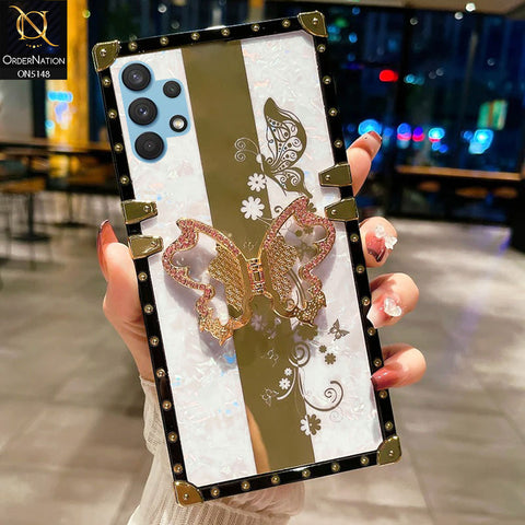 Samsung Galaxy A32 Cover - White -  Luxury Shiny Rhinestone Butterfly Electroplated Square Trunk Soft Case