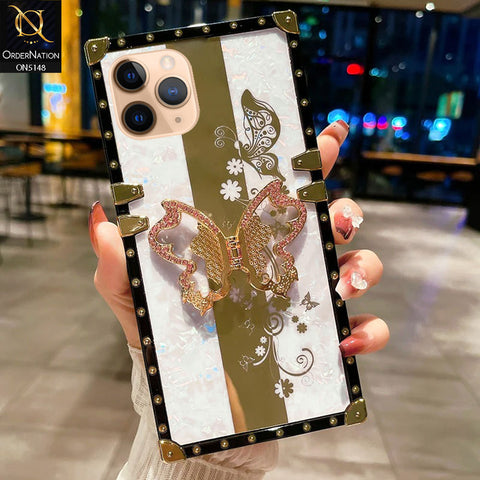 iPhone 11 Pro Cover - White -  Luxury Shiny Rhinestone Butterfly Electroplated Square Trunk Soft Case