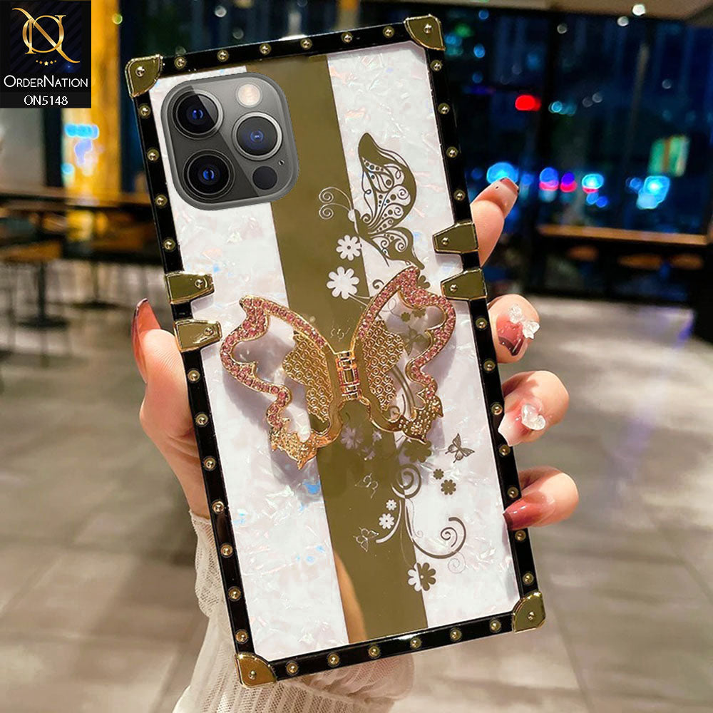iPhone 12 Pro Cover - White -  Luxury Shiny Rhinestone Butterfly Electroplated Square Trunk Soft Case