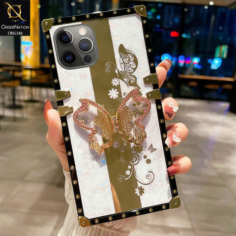 iPhone 12 Pro Cover - White -  Luxury Shiny Rhinestone Butterfly Electroplated Square Trunk Soft Case