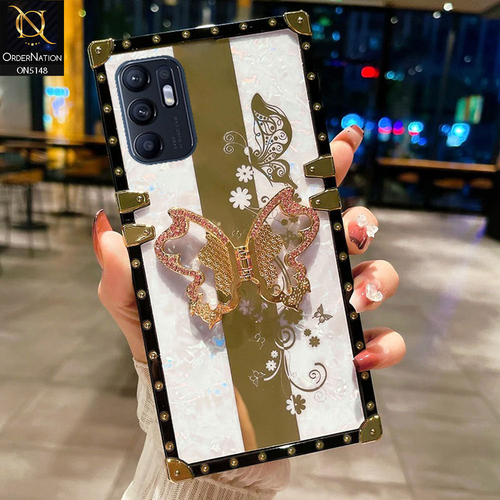 Oppo Reno 6 Cover - White -  Luxury Shiny Rhinestone Butterfly Electroplated Square Trunk Soft Case
