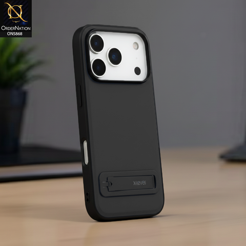 iPhone 17 Pro Max Cover - Black - X-LEVEL Case Leather Coated PC TPU Phone Back Cover with Metal Kickstand