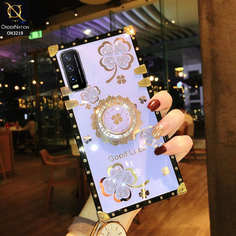 Vivo Y20s Cover - Light Purple -  Square Bling Diamond Glitter Soft TPU Trunk Case with Ring Holder
