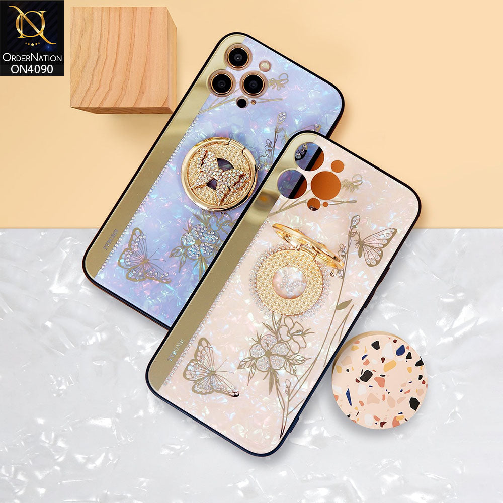 iPhone 12 Pro Max Cover - Golden - Cute Bling Diamond Butterfly Flower with Ring Stand,Glitter Girly Pearl Back Soft Silicone Cover