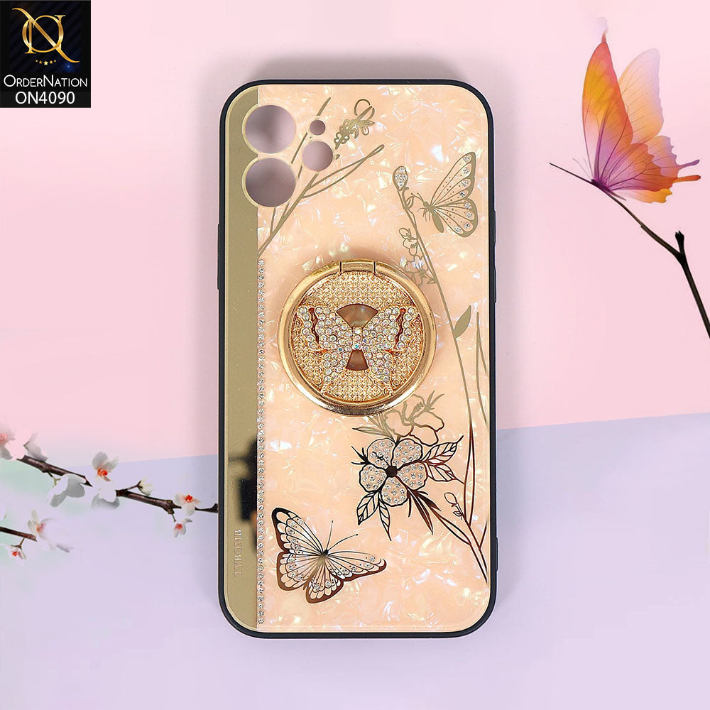 iPhone 11 Cover - Golden - Cute Bling Diamond Butterfly Flower with Ring Stand,Glitter Girly Pearl Back Soft Silicone Cover