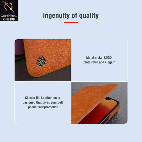 iPhone 13 Pro Max Cover - Brown - Nillkin Qin Pro Series Leather Flip Book with Camera Slide Protection Case