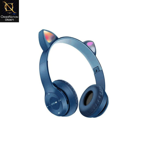 P47M Bluetooth Headphone Headset Headphone Cat Ear With Microphone Foldable Led Light Earphone - Navy Blue