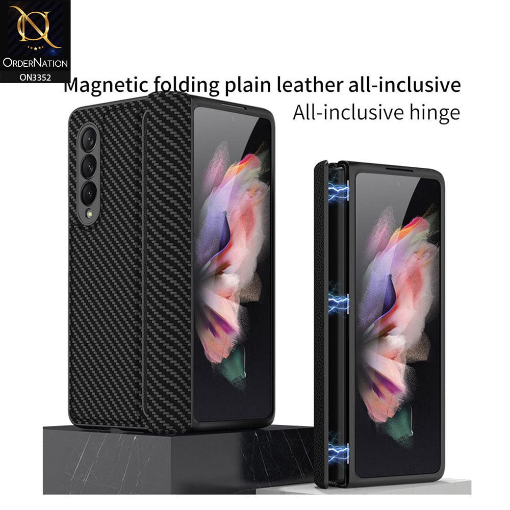 Samsung Galaxy Z Fold 3 5G Cover - Black - GKK Carbon Fiber Magnetic Folding Plain Leather Case