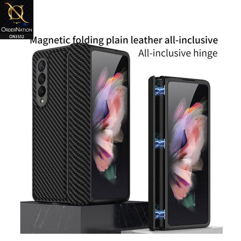 Samsung Galaxy Z Fold 3 5G Cover - Black - GKK Carbon Fiber Magnetic Folding Plain Leather Case