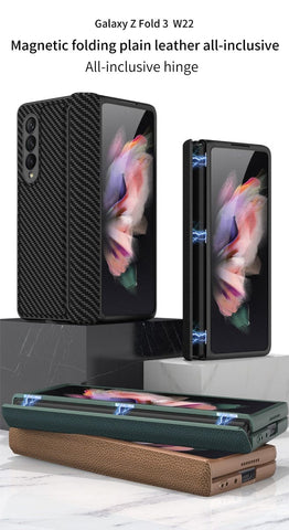 Samsung Galaxy Z Fold 3 5G Cover - Brown - GKK Carbon Fiber Magnetic Folding Plain Leather Case