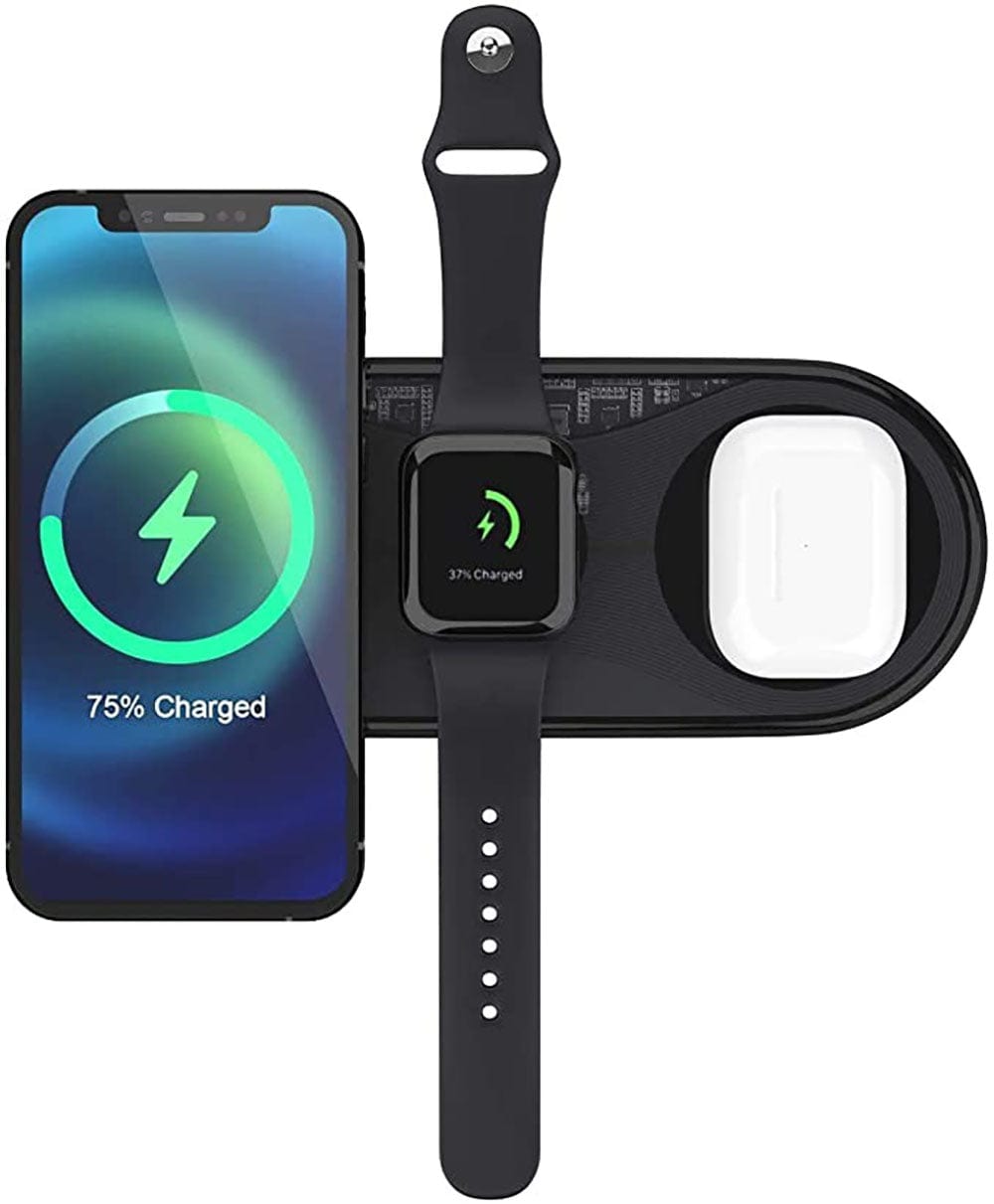 Black - Recci RCW-18 - RECCI Wireless Charger 3 in 1 Qi-Certified Fast Wireless Charging Pad  iWatch (No QC 3.0 Adapter)
