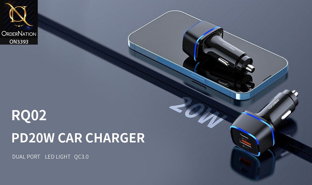 Blue - Recci RQ02 - Double Port Output 20W PD car charger QC 3.0 Fast Charging With Blue Light Effect