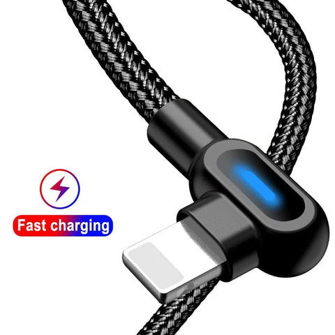 Black - 1M - Lightning - Long Cord 90 Degree Usb Data Braided Led Lightning Usb Charging Cable