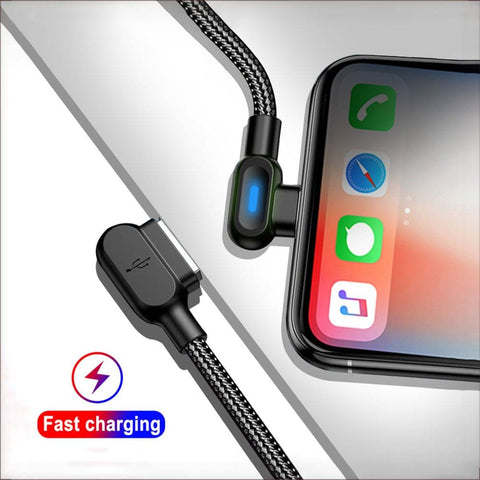 Black - 1M - Lightning - Long Cord 90 Degree Usb Data Braided Led Lightning Usb Charging Cable