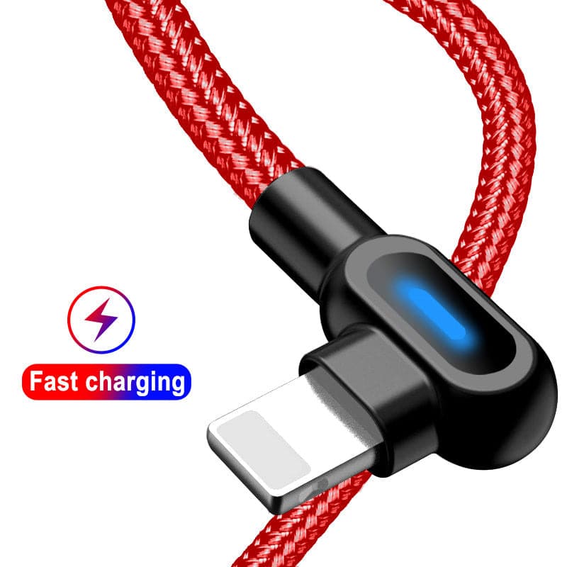 Red - 1M - Lightning - Long Cord 90 Degree Usb Data Braided Led Lightning Usb Charging Cable