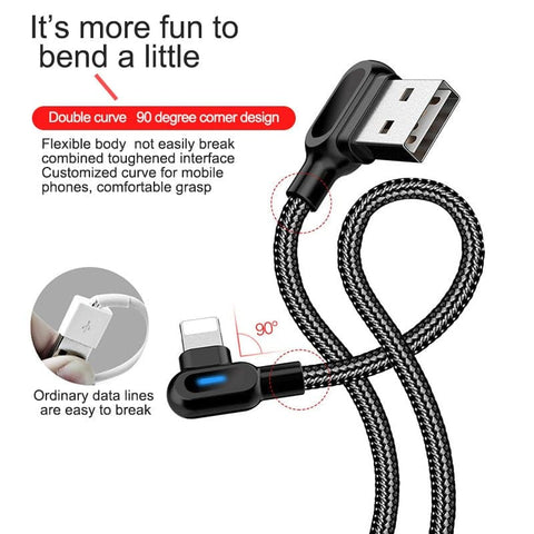 Black - 1M - Lightning - Long Cord 90 Degree Usb Data Braided Led Lightning Usb Charging Cable