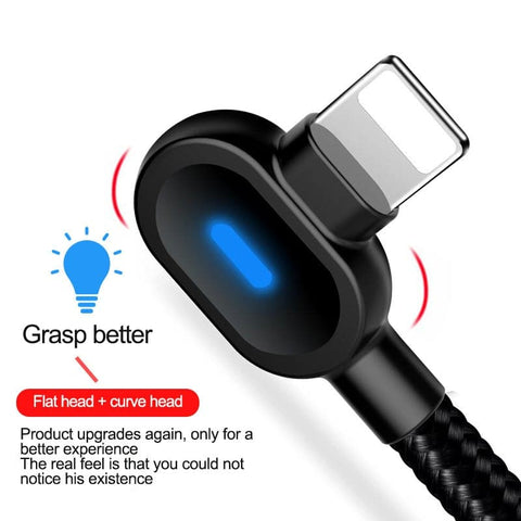 Black - 1M - Lightning - Long Cord 90 Degree Usb Data Braided Led Lightning Usb Charging Cable