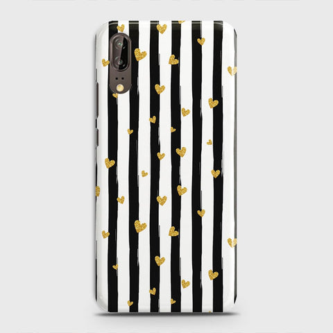 Huawei P20 - Trendy Black & White Lining With Golden Hearts Printed Hard Case With Life Time Colors Guarantee