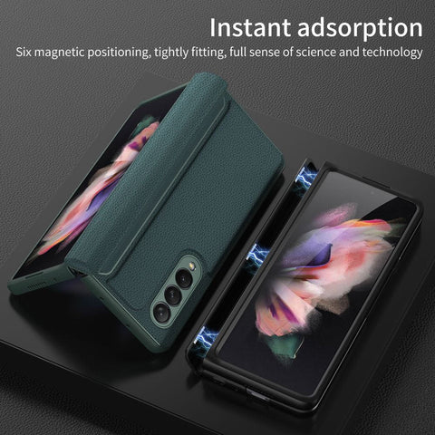 Samsung Galaxy Z Fold 3 5G Cover - Black - GKK Carbon Fiber Magnetic Folding Plain Leather Case