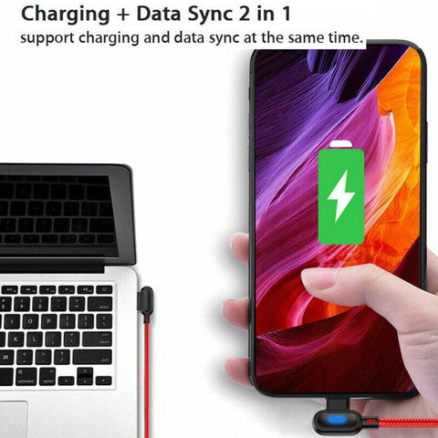 Red - 2M - Lightning - Long Cord 90 Degree Usb Data Braided Led Lightning Usb Charging Cable