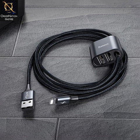 Black - CALHZ-01 - Baseus iPhone Special Data Cable For Car Back Seat With 2x USB HUB