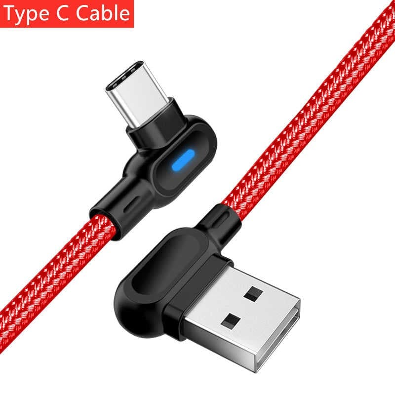 Red - 1M - Type-C - Long Cord 90 Degree Usb Data Braided Led Type-C Usb Charging Cable