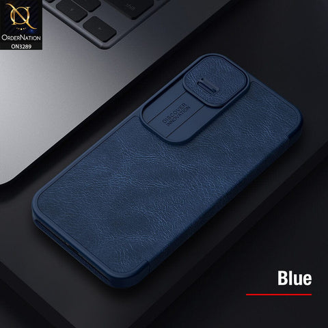 iPhone 13 Pro Max Cover - Blue - Nillkin Qin Pro Series Leather Flip Book with Camera Slide Protection Case