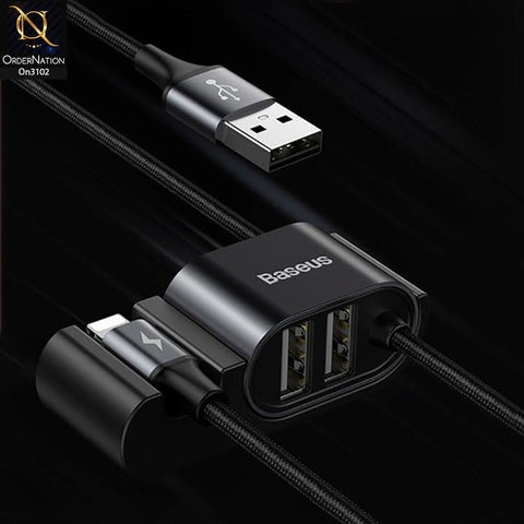 Black - CALHZ-01 - Baseus iPhone Special Data Cable For Car Back Seat With 2x USB HUB