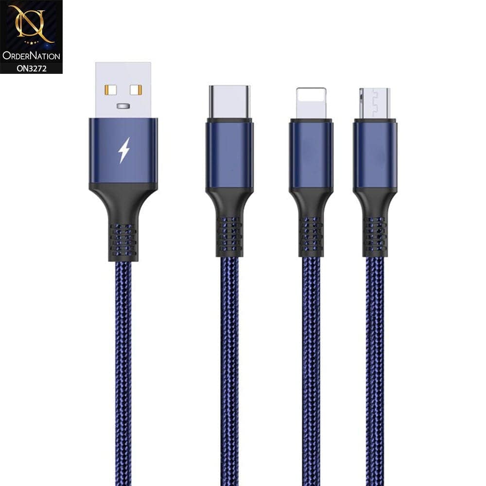 Blue - TOTU Tough Series B3B-009 1 split to 3 Fast Carging Cables Lightning / Type-C / Micro USB