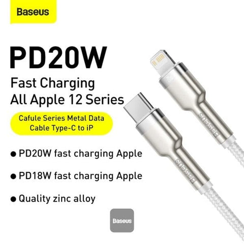 White - Baseus Cafule Series Metal Data Cable Type-C to Lightning iPhone PD 20W 1m - White