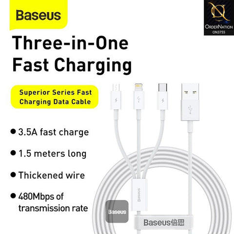 Baseus Superior Series Fast Charging Data Cable USB to M+L+C 3.5A 1.5m - White