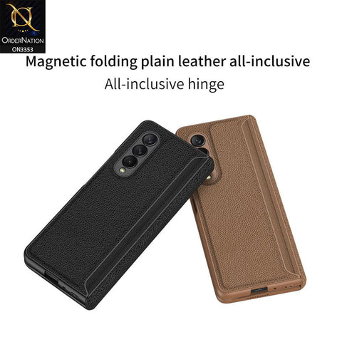 Samsung Galaxy Z Fold 3 5G Cover - Brown - GKK Carbon Fiber Magnetic Folding Plain Leather Case
