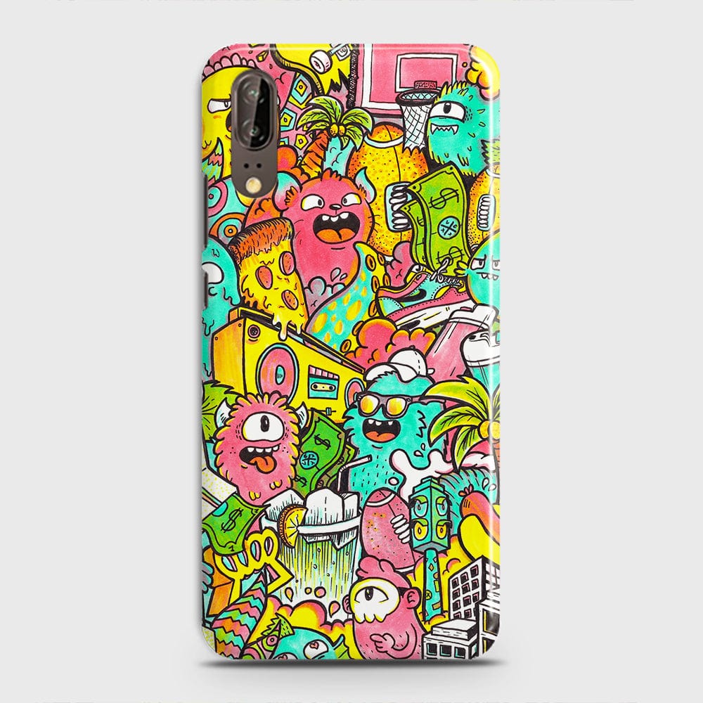 Huawei P20 Cover - Matte Finish - Candy Colors Trendy Sticker Collage Printed Hard Case With Life Time Guarantee