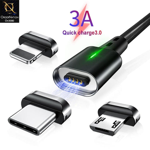 Black - Qualcomm 3.0 3 in 1 Led Indicator Fast Charging Magnetic Data Cable