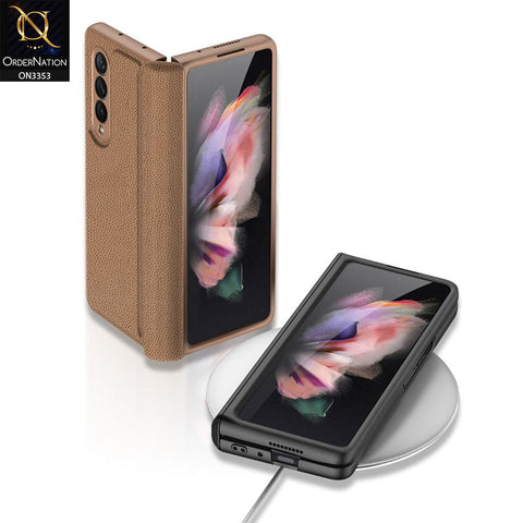 Samsung Galaxy Z Fold 3 5G Cover - Brown - GKK Carbon Fiber Magnetic Folding Plain Leather Case
