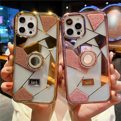Premium Quality Eletroplated Clear Pattern Stylish Case With Bling Ring Holder For iPhone