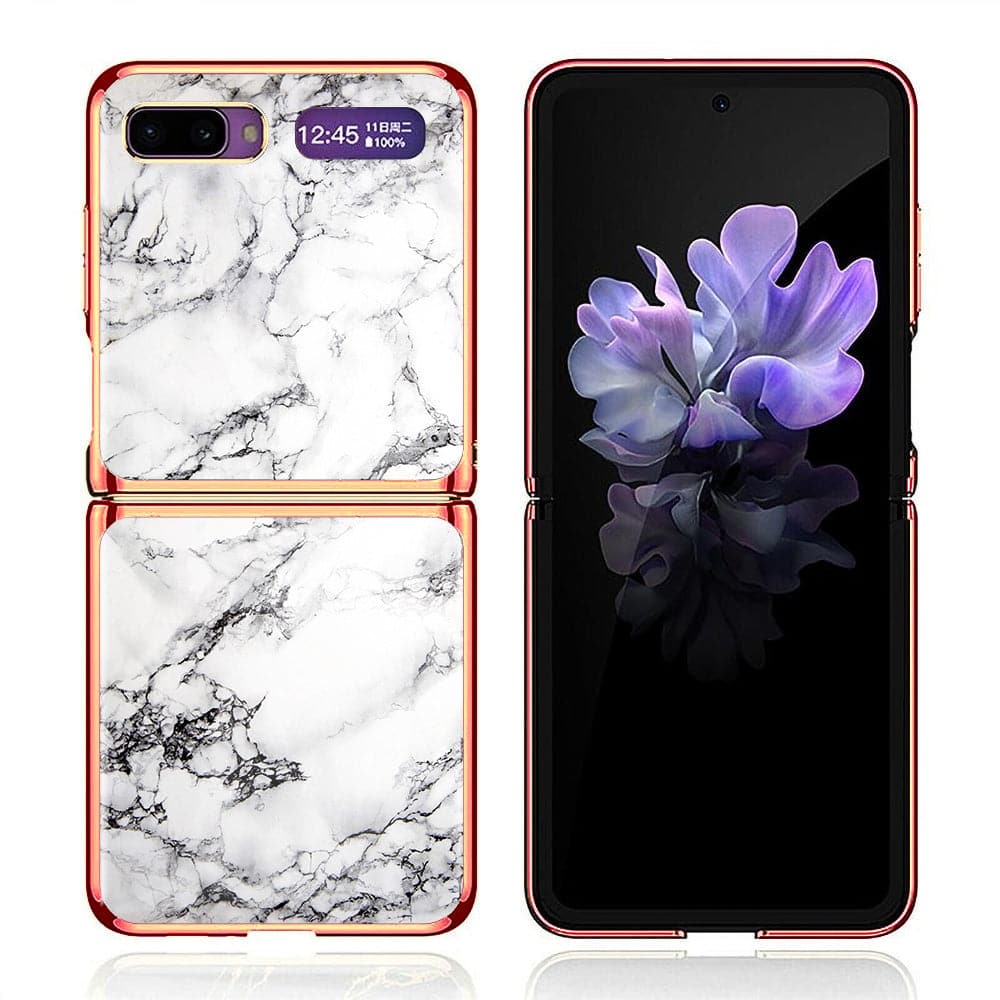 Samsung Galaxy Z Flip Cover - White Marble Series - Premium Electroplated Infinity Ultra Shine Glass Soft Silicon Borders Case