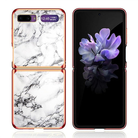 Samsung Galaxy Z Flip Cover - White Marble Series - Premium Electroplated Infinity Ultra Shine Glass Soft Silicon Borders Case
