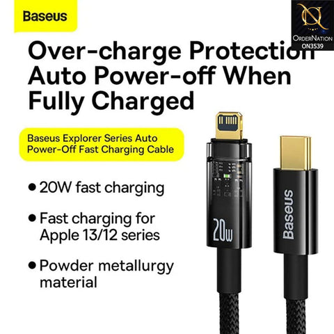 Baseus Explorer Auto Power Off Type C to iP Cable 1M 20W - Black